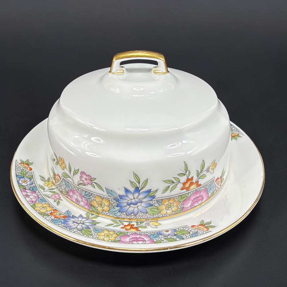 Hutschenreuther Selb Bavaria Floral Porcelain Cheese Butter Dome Gold Trim 7in